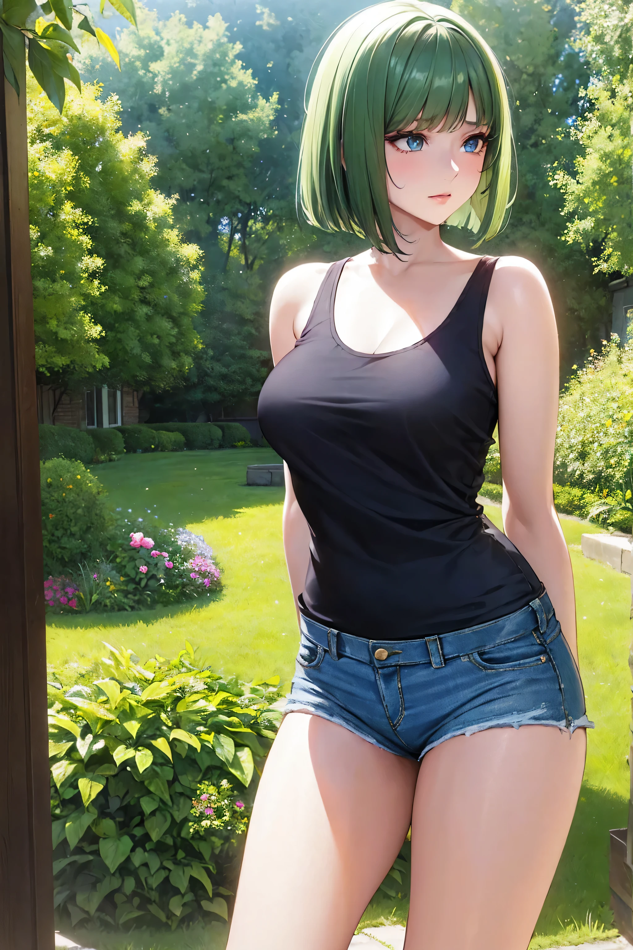 Masterpiece,stunning realistic, best quality, sharpness, 1 girl,,long bobcut,(green hair:1),(messy hair:1),dark blue eyes,(arms behind back:1),standing in a garden,tanktop,denim shorts,medium large breasts