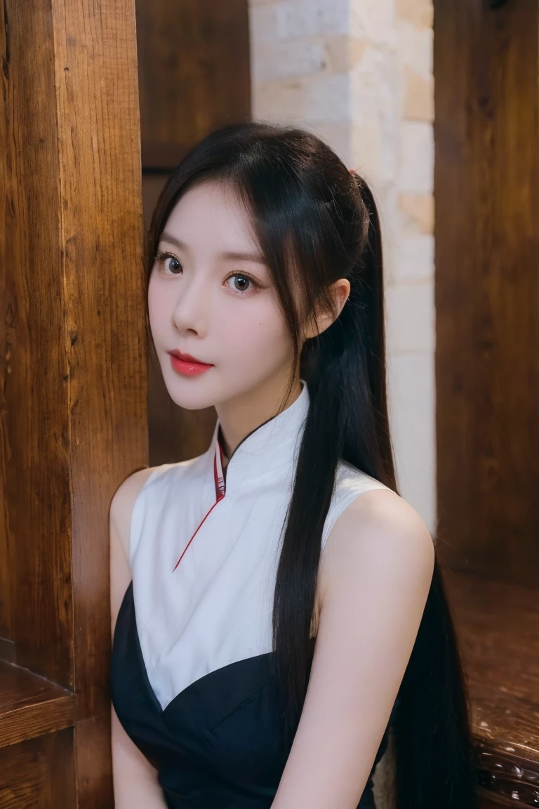 1girl, beautiful long black hair, high ponytail, glossy hair, detailed skin, beautiful facial features, intricate makeup, exquisite eyes, detailed eyes, dark eyeshadow, small freckles, plain hanfu, shoulders, arms, photorealistic, 8k, high quality, detailed portrait, elegant, natural lighting, cinematic, vibrant colors