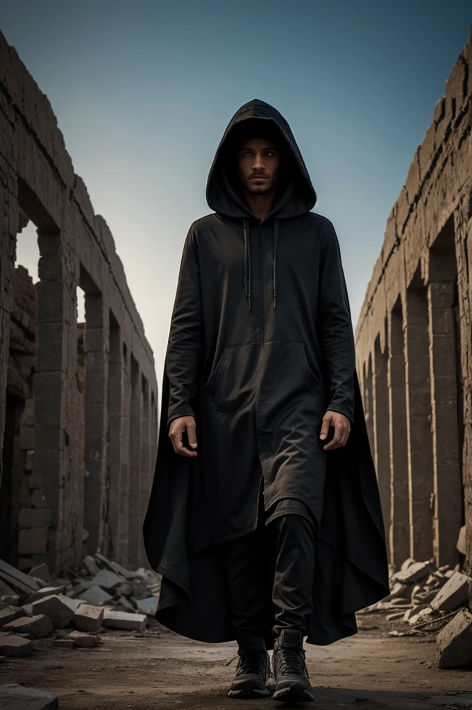 (The best quality)hooded person walking on the remains of an advanced civilization with dark color palette