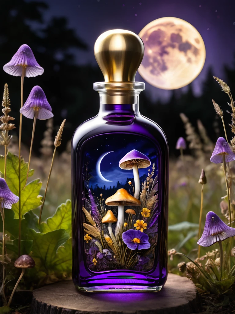 a masterpiece in a glass bottle, red and gold crow, mushroom fields, purple flowers, dark and ghostly background, moon, (best quality,4k,8k,highres,masterpiece:1.2),ultra-detailed,(realistic,photorealistic,photo-realistic:1.37),HDR,UHD,studio lighting,ultra-fine painting,sharp focus,physically-based rendering,extreme detail description,professional,vivid colors,bokeh,dark fantasy,macabre,moody atmosphere,cinematic lighting