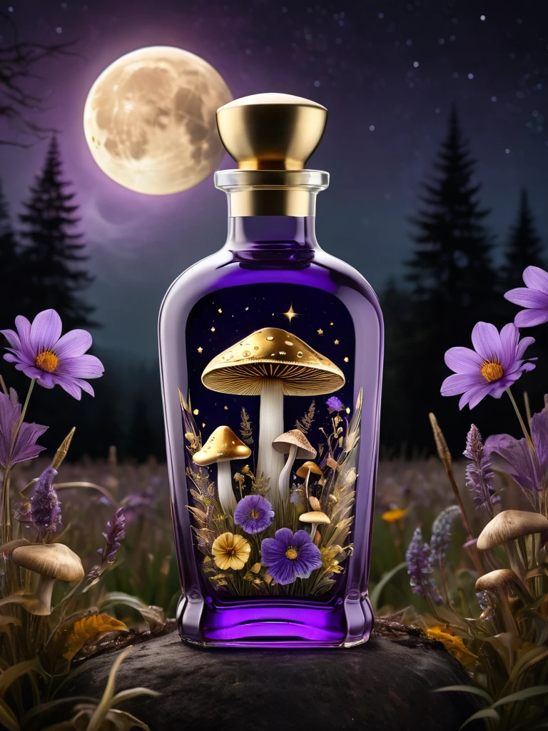 a masterpiece in ultra detailed glass bottle, scarabée, purple and gold flowers, mushroom in a field, dark and ghostly background, moon 