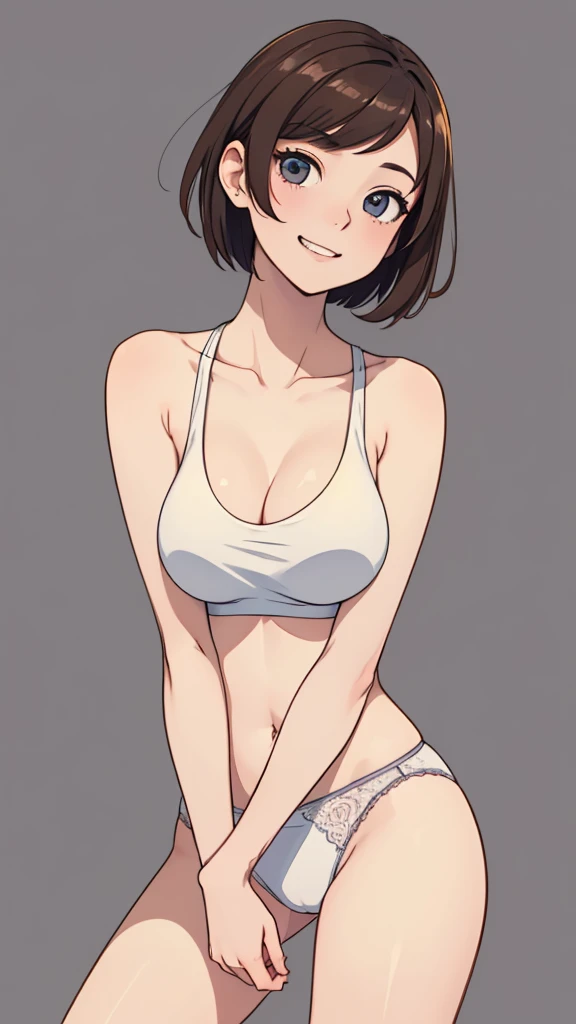 (((masterpiece, best quality, ultra highres, 1 girl, solo, no background))), super detailed skin and face and eyes and finger, beautiful japanese woman, small breasts:1.5, skinny, light brown hair, white background, very short pixie hair, Knee shot, Generate with illustrations, Various expressions, Various poses, Please draw the entire character within the frame, ensuring that the head, arms, and legs are not cut off. The background should be simple, with the character positioned centrally, outline, anime, 2d, boyish, smile showing teeth, underwear, spread legs,