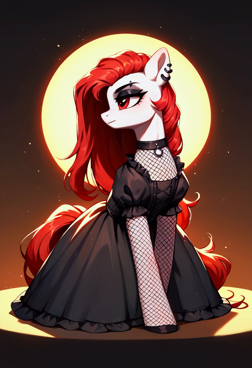 score_9,score_8_up,score_7_up,score_6_up, ((my little pony)), radiant lighting, vibrant colors, whimsical atmosphere, 8K, high resolution, highly detailed, masterpiece, white body, goth style, very long red hair, red eyes, fishnet stockings, dress