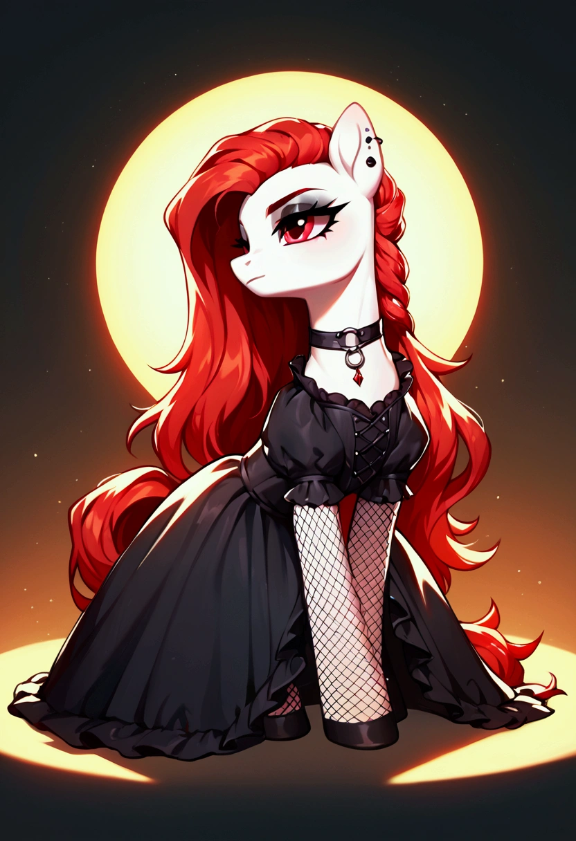 score_9,score_8_up,score_7_up,score_6_up, ((my little pony)), radiant lighting, vibrant colors, whimsical atmosphere, 8K, high resolution, highly detailed, masterpiece, white body, goth style, very long red hair, red eyes, fishnet stockings, dress