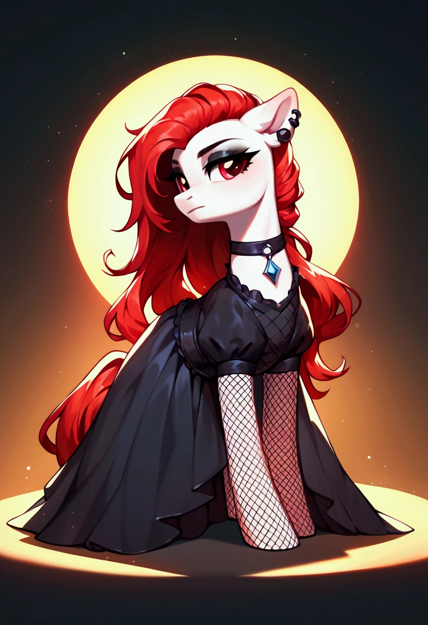 score_9,score_8_up,score_7_up,score_6_up, ((my little pony)), radiant lighting, vibrant colors, whimsical atmosphere, 8K, high resolution, highly detailed, masterpiece, white body, goth style, very long red hair, red eyes, fishnet stockings, dress