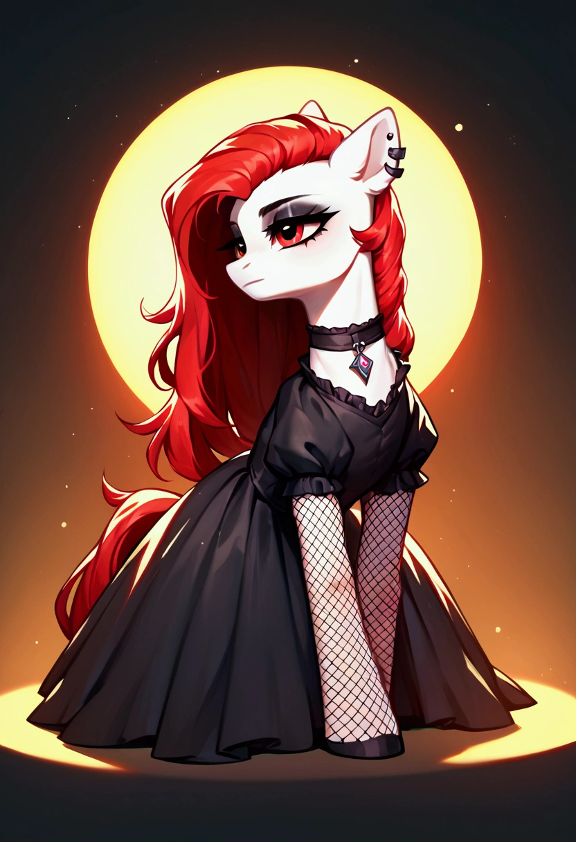 score_9,score_8_up,score_7_up,score_6_up, ((my little pony)), radiant lighting, vibrant colors, whimsical atmosphere, 8K, high resolution, highly detailed, masterpiece, white body, goth style, very long red hair, red eyes, fishnet stockings, dress