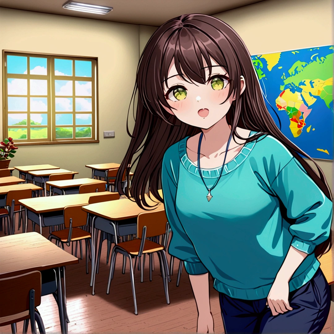 A girl with a backpack on her back who has her mouth open in a classroom.