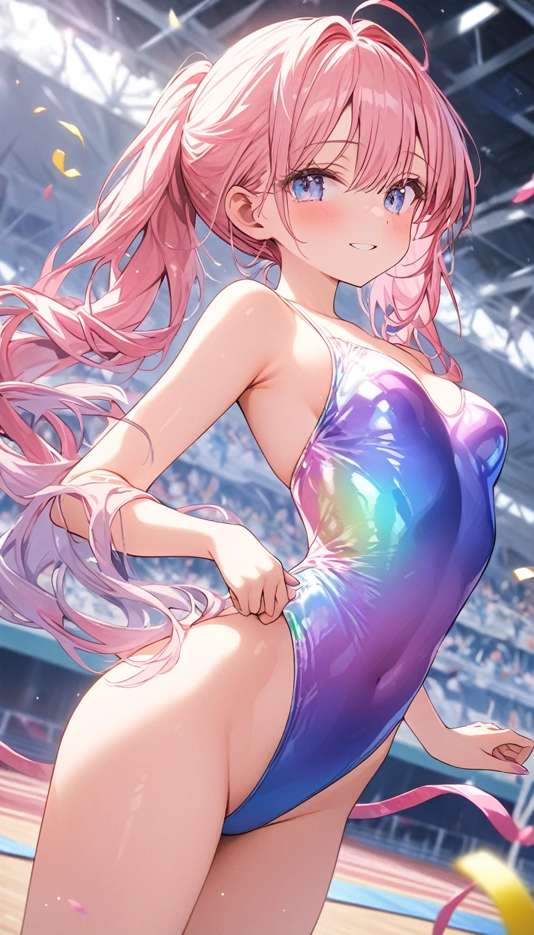 highquality illustration, masterpiece, very delicate and beautiful, attractive girl,(gymnastics leotard, Floral patterns leotard,long sleeve leotard with glittery decoration,high_leg leotard,athletic leotard,tight-fit leotard,iridescent gradient leotard,long-sleeve leotard),thin,slender body,slim,high school,gymnasium background,gymnastics club,gymnastics athlete,princess, beautiful eyes,light smile,(masterpiece, best quality:1.2), highres, extremely detailed CG unity 8k wallpaper, perfect lighting, Colourful, ultra-high res,4K,ultra-detailed, photography, 8K, HDR,  ages, full body,