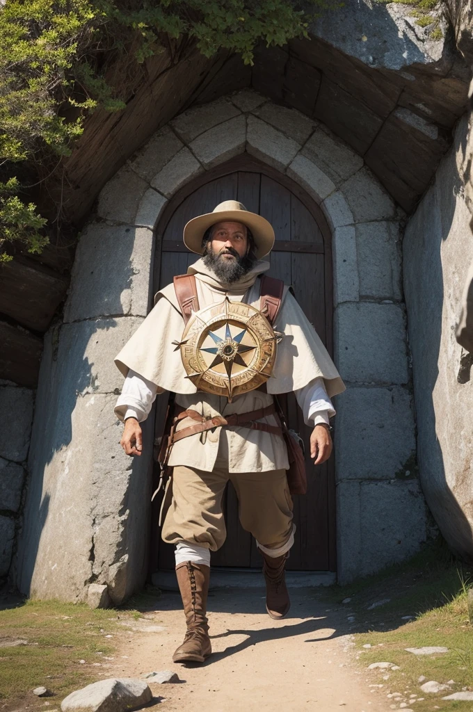 Crie uma logo, Make a shield, inside this shield place a hand holding a compass, inside this compass place a pilgrim with a backpack and hat climbing a mountain, under the shield put the name "pilgrims" well highlighted
