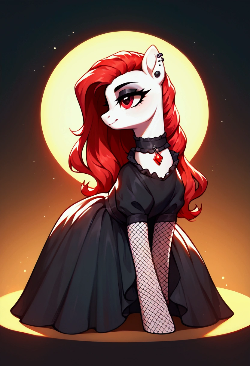 score_9,score_8_up,score_7_up,score_6_up, ((my little pony)), radiant lighting, vibrant colors, whimsical atmosphere, 8K, high resolution, highly detailed, masterpiece, white body, goth style, very long red hair, red eyes, fishnet stockings, dress