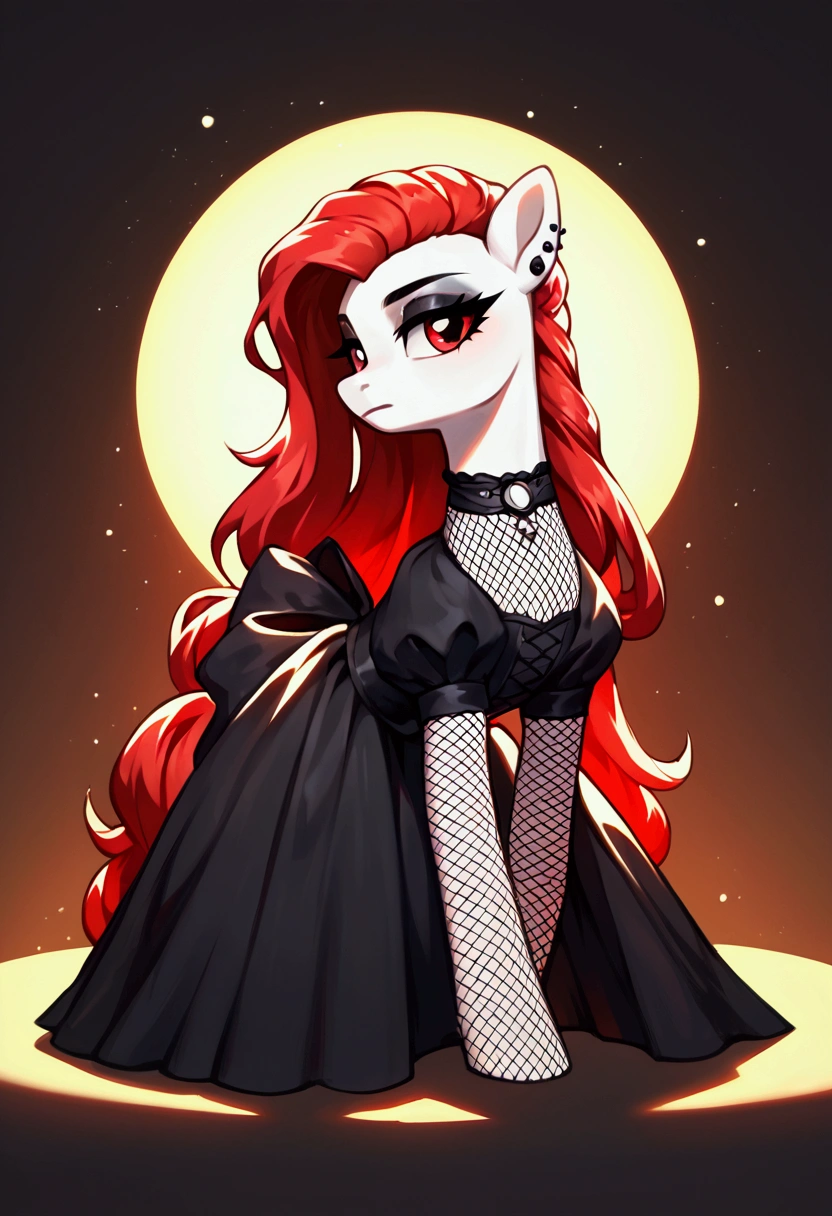 score_9,score_8_up,score_7_up,score_6_up, ((my little pony)), radiant lighting, vibrant colors, whimsical atmosphere, 8K, high resolution, highly detailed, masterpiece, white body, goth style, very long red hair, red eyes, fishnet stockings, dress