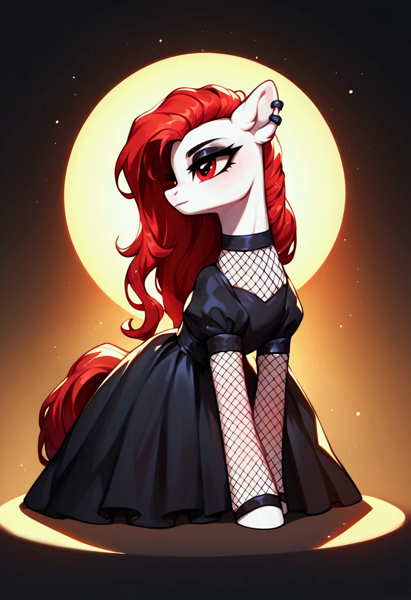 score_9,score_8_up,score_7_up,score_6_up, ((my little pony)), radiant lighting, vibrant colors, whimsical atmosphere, 8K, high resolution, highly detailed, masterpiece, white body, goth style, very long red hair, red eyes, fishnet stockings, dress