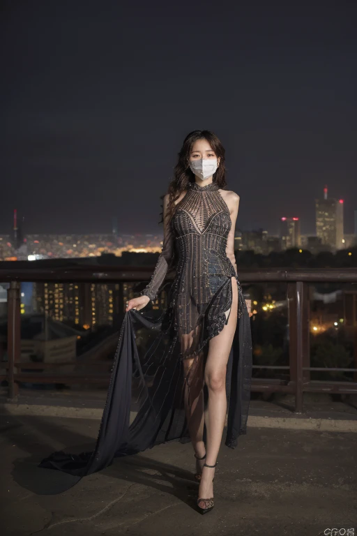 ((original photography:1.2))，RAW photos,Night view of Beijing，1 Girl, Perfect body，Full body portrait，Fashion的头发, Very curly hair, delicate eyes, Side Light, Sweating，With a mask, Medium breasts，(intricate dress、Fashion、embroidery、stripe、pattern、Fashion、Hollow)，Long slender legs