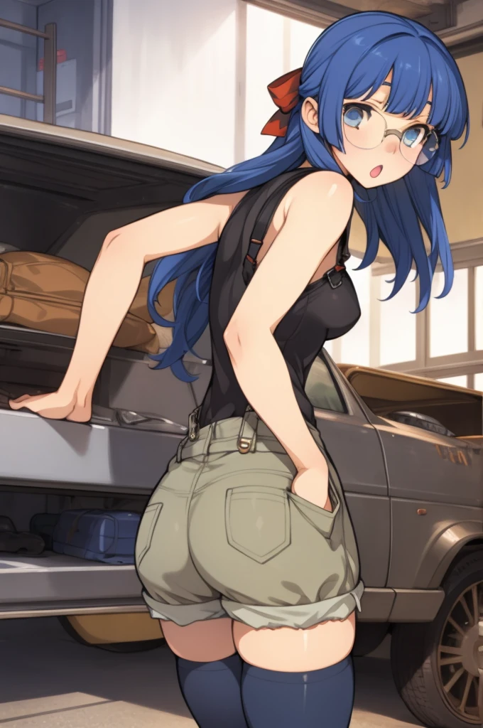 1girl, masterpiece, best quality, highly detailed, illustration, maria custard, indoors, garage, standing, overalls, from behind, looking back, ass, leaning forward, gears, mechanic, glasses, hair ribbon, :o, shorts,nsfw