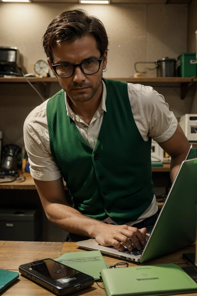 man is working in front of a laptop, The man was wearing a green vest and wearing glasses, the man worked in the mine 