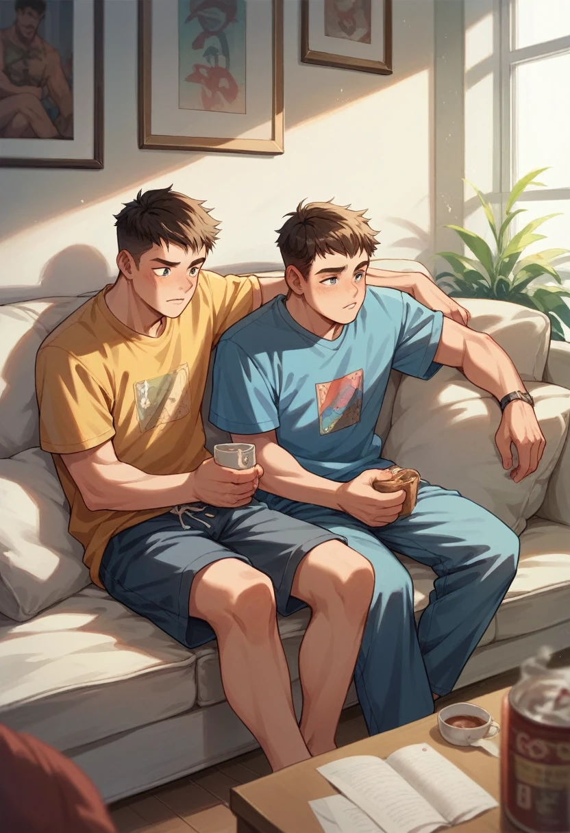 2 boys 15 year sitting on the couch, 2 guy sitting near the sofa, while it's raining outside