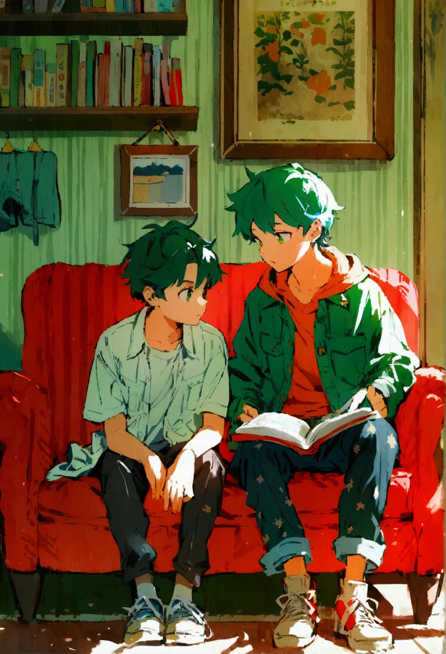 2 boys, , green hair, sitting on the couch, reading, in room