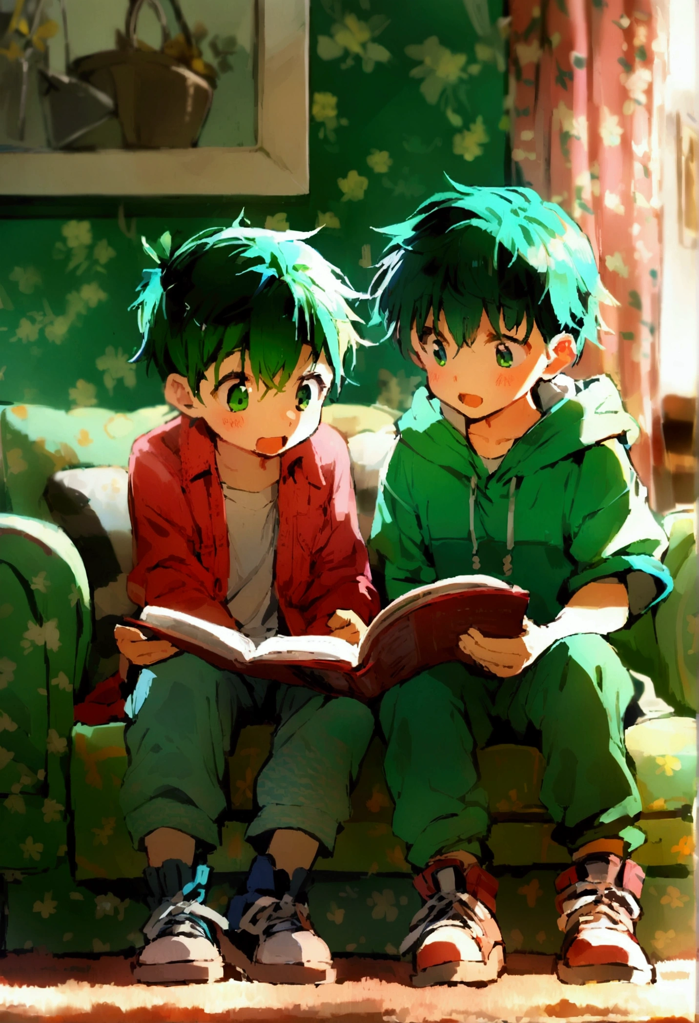 2 boys, , green hair, sitting on the couch, reading, in room
