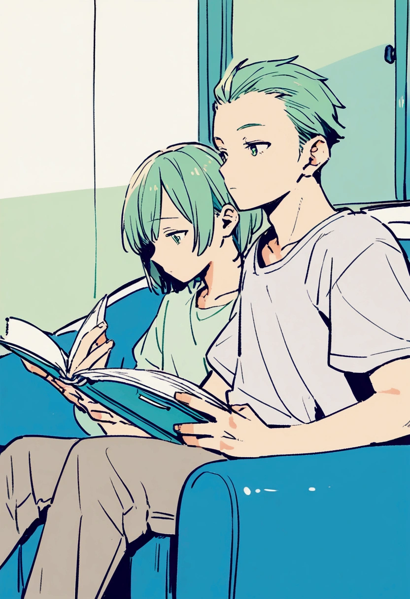 2 boys, , green hair, sitting on the couch, reading, in room
