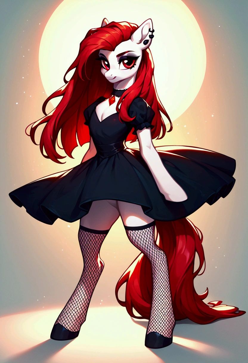 score_9,score_8_up,score_7_up,score_6_up, ((my little pony)), radiant lighting, vibrant colors, whimsical atmosphere, 8K, high resolution, highly detailed, masterpiece, white body, goth style, very long red hair, red eyes, fishnet stockings, dress