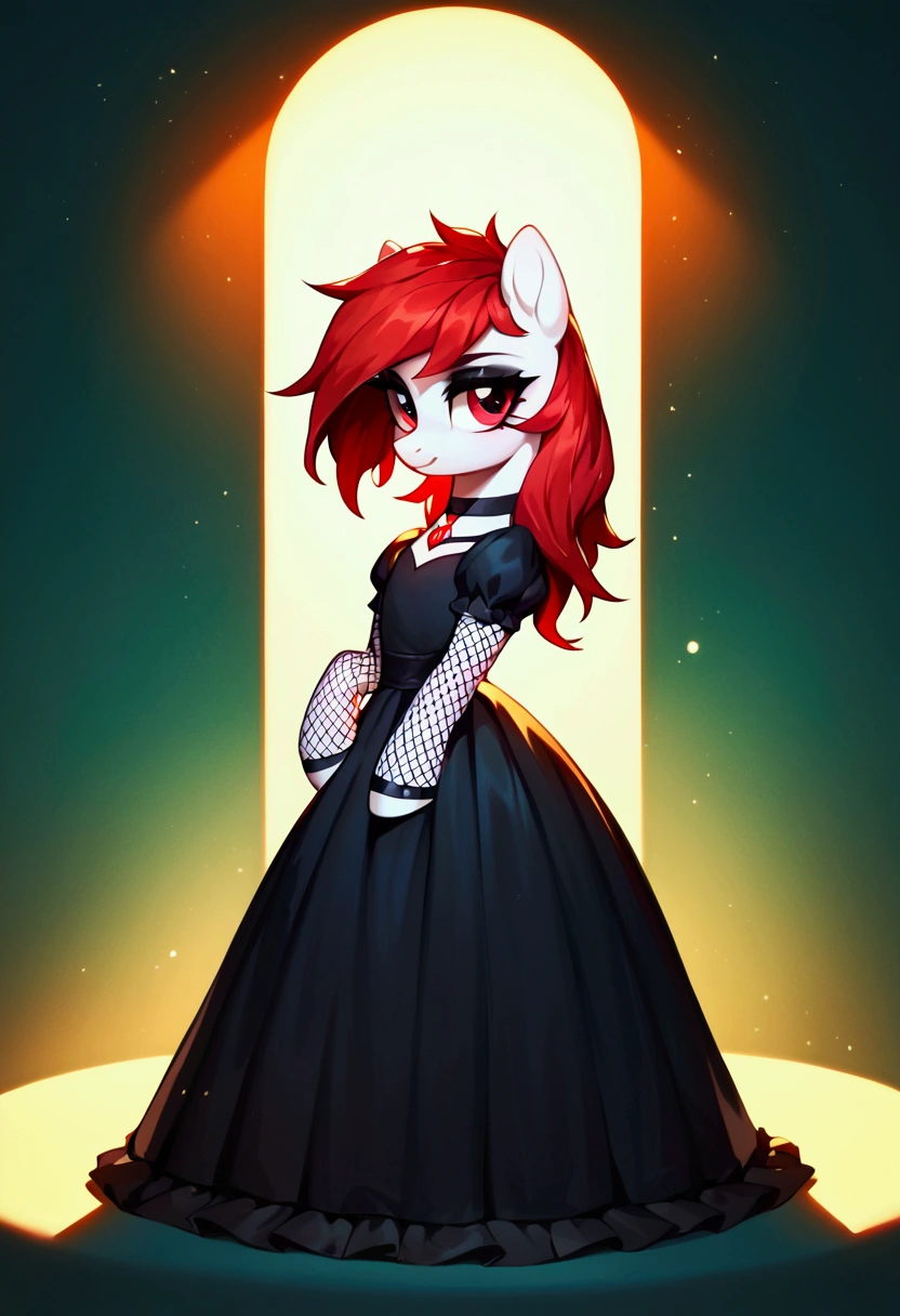 score_9,score_8_up,score_7_up,score_6_up, ((my little pony)), radiant lighting, vibrant colors, whimsical atmosphere, 8K, high resolution, highly detailed, masterpiece, white body, goth style, very long red hair, red eyes, fishnet stockings, dress