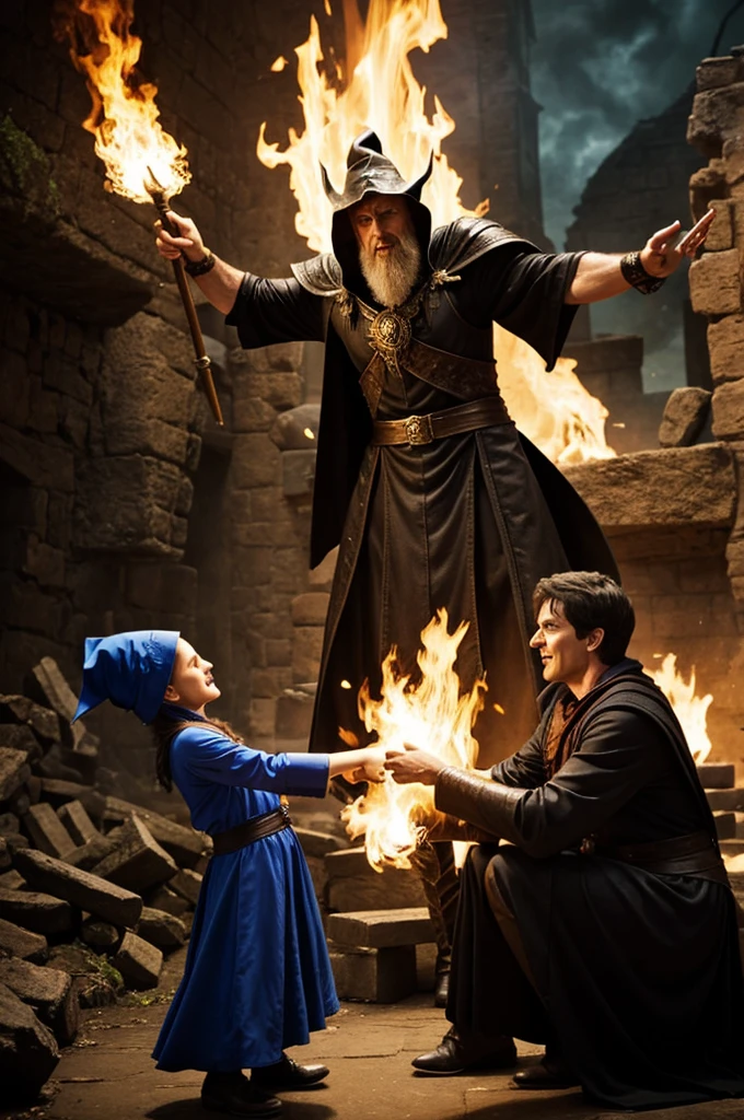 A good sorcerer fighting an evil witch. cheered up