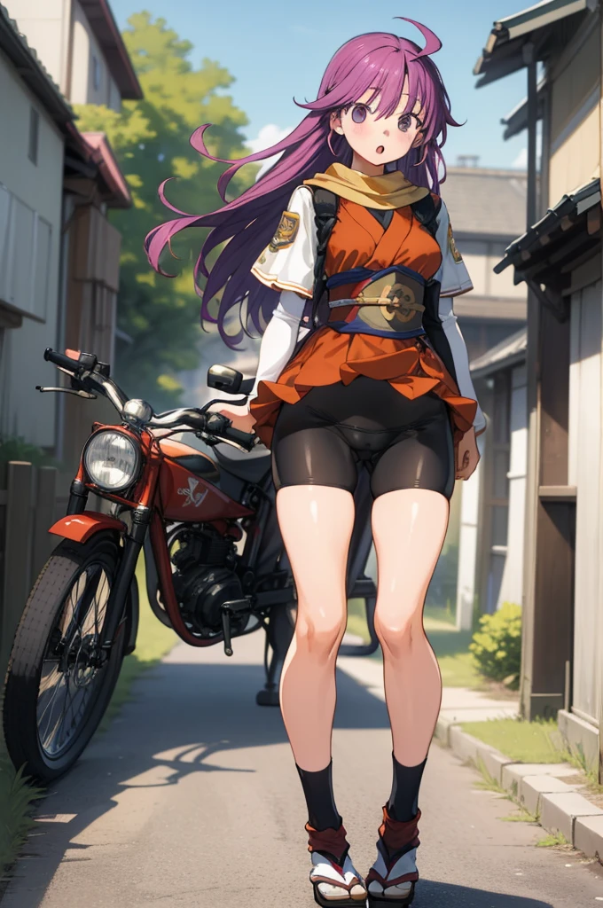 1girl, masterpiece, best quality, highly detailed, illustration, kentou kanami, outdoors, village, standing, low-tied long hair, bike shorts, scarf, japanese clothes, :o, ,cameltoe