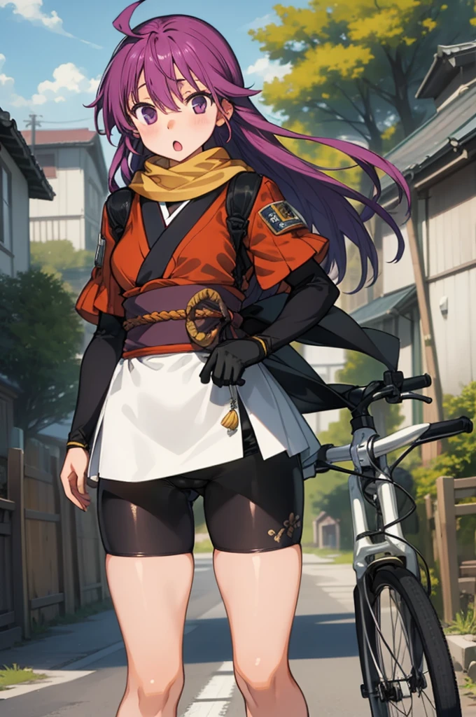 1girl, masterpiece, best quality, highly detailed, illustration, kentou kanami, outdoors, village, standing, low-tied long hair, bike shorts, scarf, japanese clothes, :o, ,cameltoe