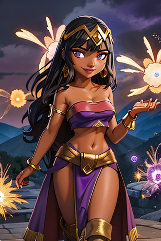 (best quality:1.3), (4K quality),masterpiece, best quality, high res, detailed, (Detailed face:1.2), (Detailed eyes:1.2), (Perfect figure:1.2), Fantasy style, Fantasy environment, solo, 1girl, BREAK 25 year old woman, sorceress, (Dark skin:1.5), purple hair, wavy hair, long hair, purple eyes, mascaras purple eyeshadow, smile, purple lipstick, covered in tattoos, medium breasts, waist, slender legs, attractive body, slim figure, perfect shape, (Wearing: golden headband, purple strapless top, purple loincloth, pelvic curtain, golden armlets, golden knee-high boots:1.3), BREAK highly detailed costume with intricate designs, looking at viewer, she's looking at the camera with an thrilled and confident smile, both hands glowing bright purple, purple magic, bright purple sparks in both hands, expressive expression, dark and mysterious aura, complex eye makeup, mystical energy radiating from her hands, electric purple orbs swirling around her, beautifully contoured face, fierce and confident posture, dark and dramatic lighting, vivid colors, intense purple and magenta color palette, individual spheres spinning at different speeds, translucent orbs emitting purple sparks, tracing of rays throughout the scene, illuminating the woman's silhouette with a mesmerizing glow, breathtaking visual effects, captivating and enchanting portrait, impressive level of detail in the woman's eyes and expression, attention to every intricate detail, BREAK (Night time, outdoors, stone temple, stone structures in the surroundings, dark clouds in the sky, purple lighting, gorgeous view of the mountainous valley)
