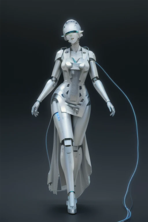 w4vy, wavy dress, (full body), cinematic light, cinematic lighting, c0mp, machinery, cables, wires, computer part dress, long halter dress by hajime sorayama, (masterpiece, best quality, high quality, highres, ultra-detailed),