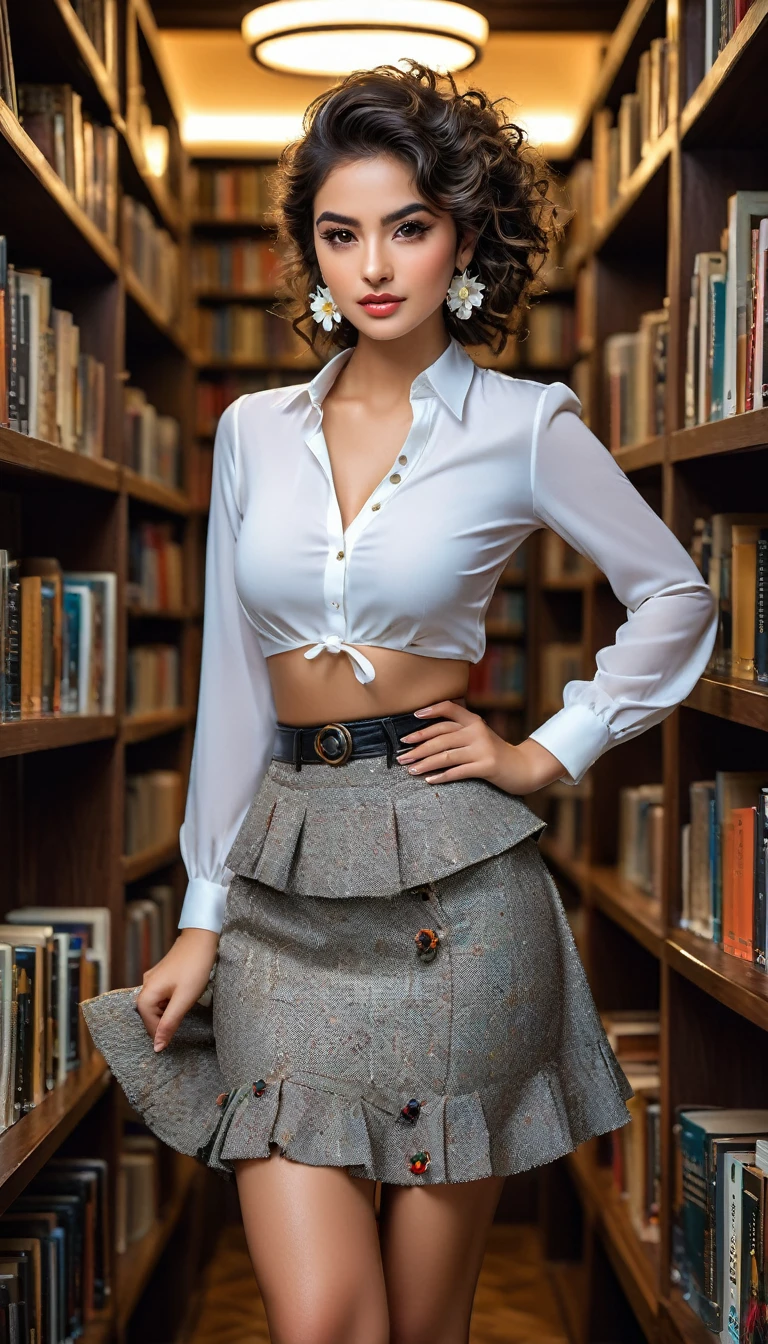 (((beautiful beautiful Isabela Merced, posing for Photos, you look sexy, ruffled lips, incredibly beautiful eyes))), ((wear a silver necklace with a floral pattern)), realistic Photograph, very detailed, Spitz focus, (Main lighting), (Indoor bookstore), piece of art, very short and curly hair, bang, bang covering forehead, incredibly beautiful, Perfect beauty, (ideal body shape, wide hips, small waist, thick thighs, Firm Press, nice body, sexy legs, gorgeous knees knees, kneecaps, focus on the knees, small breasts), ((30 years)), (extremely detailed 8k wallpaper), ((detailed face)), (((wear a white shirt, short tweed skirt, kneecaps, knees, nylon with seam, Strad sandals)), (long dark eyelashes), (((earrings))), (looking at the camera), (((kneecaps)))) (glamor model), (seductive facial expression) (((standing between the high shelves, full of books))), extremely detailed, piece of art, details, very detailed, Spitz focus, detailed leather, realistic skin texture, texture, Detailed eyes, A high resolution, Цвет Kodak Vision, Photo_\(ultra\), Post-processing, Maximum detail, roughness, real life, ultra realistic, Photorealism, Photography, absurd, RAW Photo, Highest quality, high detail RAW color Photo, professional Photo, extremely detailed UHD 8k wallpaper unit, best quality specialist, A high resolution, (piece of art, maximum quality, A high resolution:1.4), Photo, Cinematic, Granularity, Spitz, soft natural light, magic Photography, very verbose