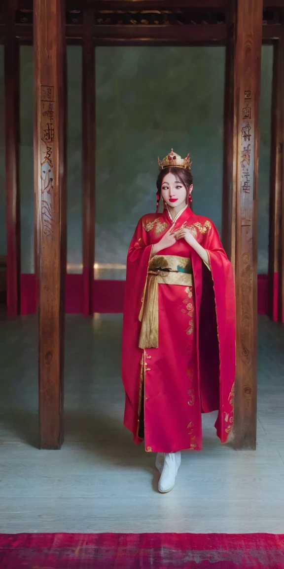 a beautiful aladdin woman wearing a red dress and golden crown, hanfu, palace, a girl wearing hanfu, wearing a luxurious silk cloak, wearing a gilded red robe, beautiful red cloak, wearing ancient chinese clothing, red robe, inspired by gu ying, red robes, wearing ancient chinese attire, long torn red cape, red cape