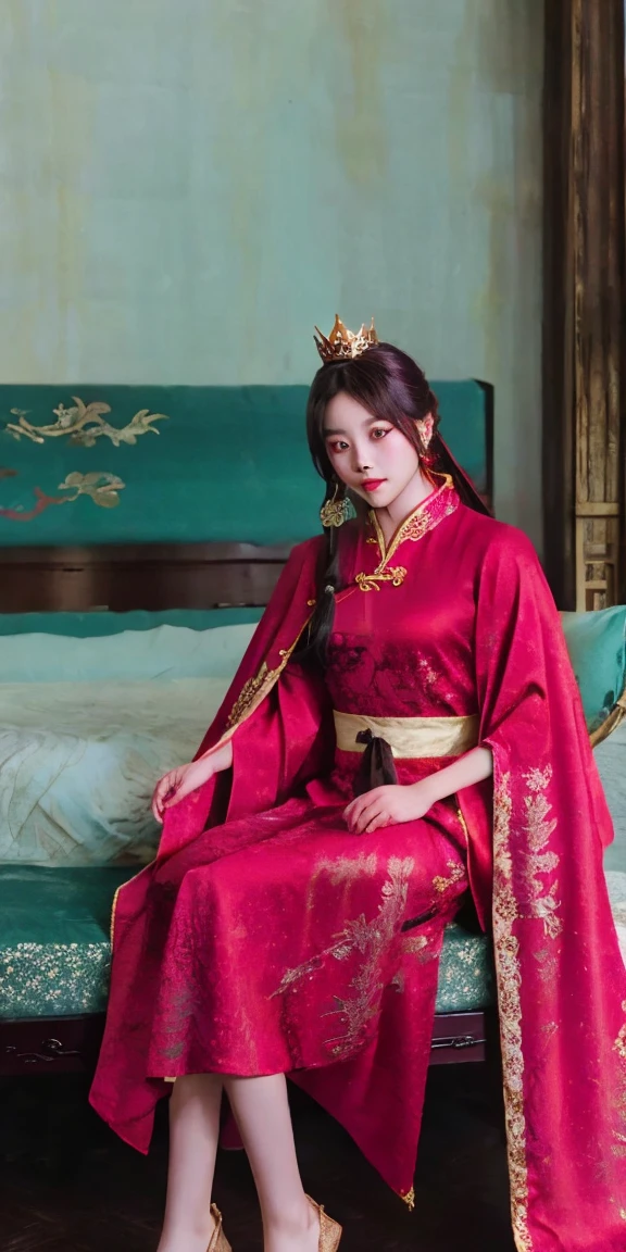 a beautiful aladdin woman wearing a red dress and golden crown, hanfu, palace, a girl wearing hanfu, wearing a luxurious silk cloak, wearing a gilded red robe, beautiful red cloak, wearing ancient chinese clothing, red robe, inspired by gu ying, red robes, wearing ancient chinese attire, long torn red cape, red cape