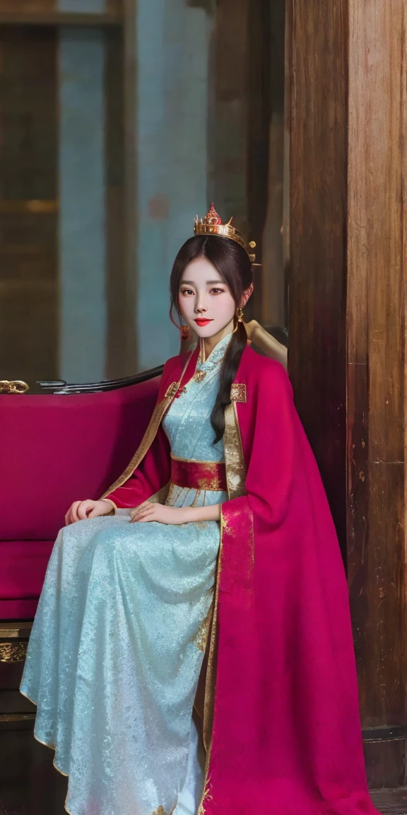 a beautiful aladdin woman wearing a red dress and golden crown, hanfu, palace, a girl wearing hanfu, wearing a luxurious silk cloak, wearing a gilded red robe, beautiful red cloak, wearing ancient chinese clothing, red robe, inspired by gu ying, red robes, wearing ancient chinese attire, long torn red cape, red cape