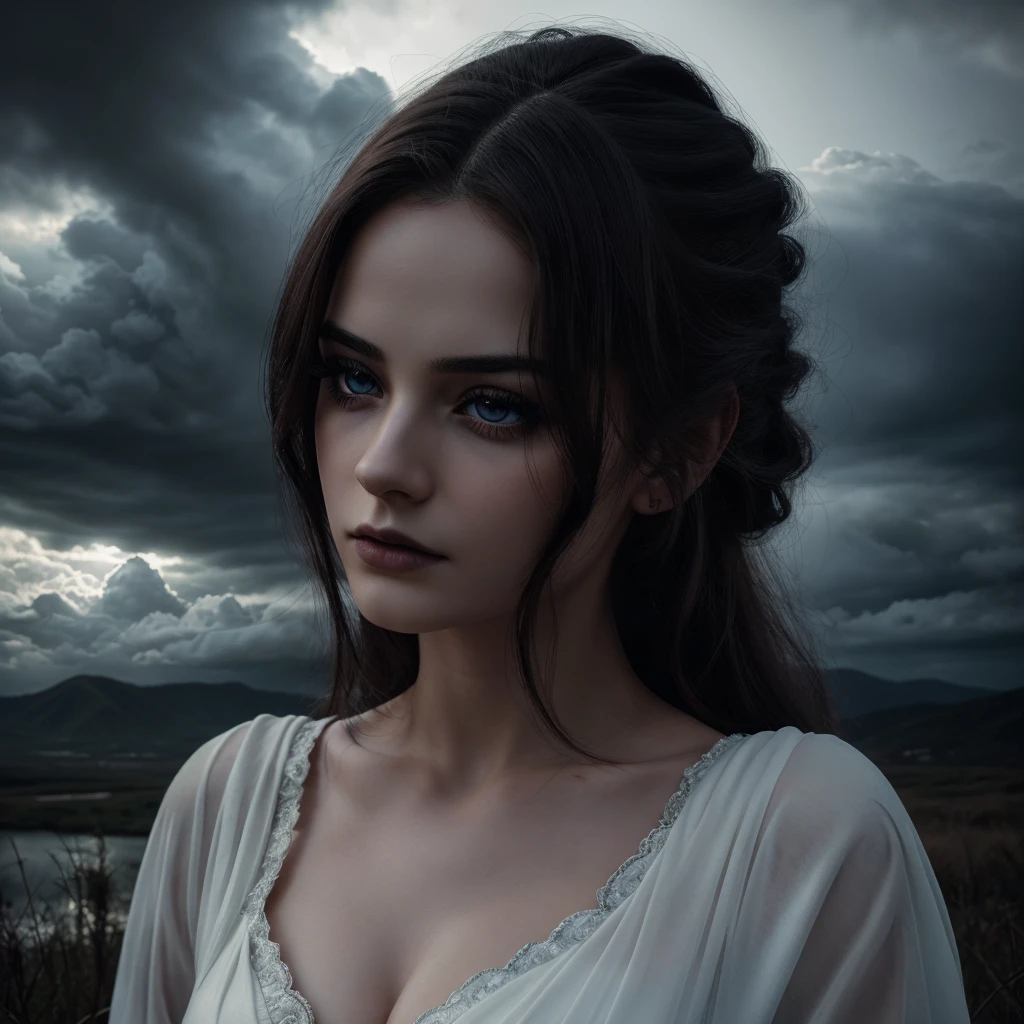 beautiful detailed eyes, beautiful detailed lips, extremely detailed eyes and face, long eyelashes, 1girl, a beautiful young vampire girl with pale skin, standing in clouds, wearing a cozy white saree, gothic, dark clouds, dramatic lighting, moody atmosphere, dramatic colors, vivid colors, (best quality,4k,8k,highres,masterpiece:1.2),ultra-detailed,(realistic,photorealistic,photo-realistic:1.37),dramatic lighting,chiaroscuro,cinematic,mystical,ethereal,fantasy