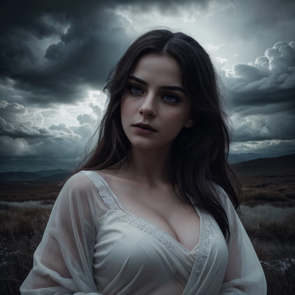 beautiful detailed eyes, beautiful detailed lips, extremely detailed eyes and face, long eyelashes, 1girl, a beautiful young vampire girl with pale skin, standing in clouds, wearing a cozy white saree, gothic, dark clouds, dramatic lighting, moody atmosphere, dramatic colors, vivid colors, (best quality,4k,8k,highres,masterpiece:1.2),ultra-detailed,(realistic,photorealistic,photo-realistic:1.37),dramatic lighting,chiaroscuro,cinematic,mystical,ethereal,fantasy
