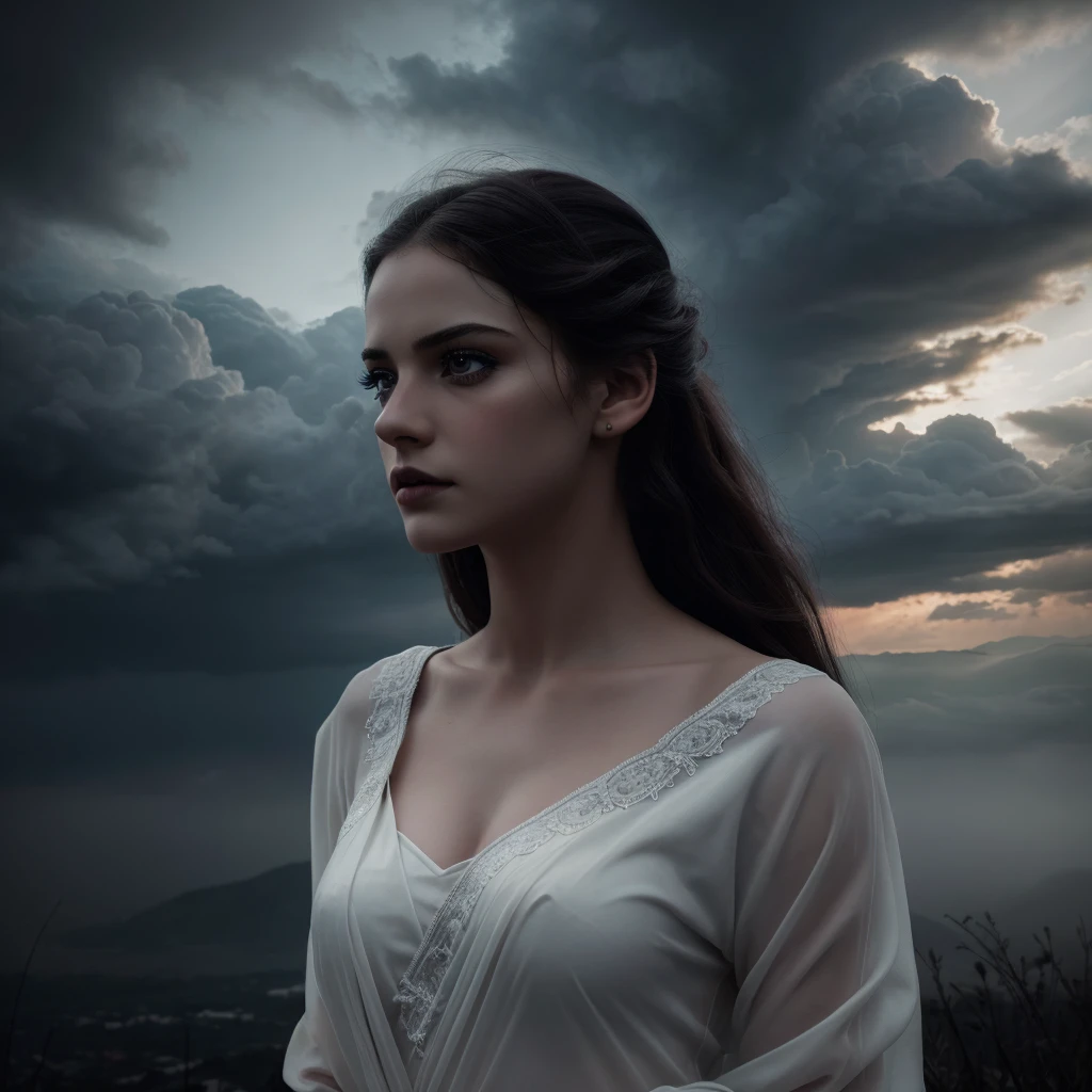 beautiful detailed eyes, beautiful detailed lips, extremely detailed eyes and face, long eyelashes, 1girl, a beautiful young vampire girl with pale skin, standing in clouds, wearing a cozy white saree, gothic, dark clouds, dramatic lighting, moody atmosphere, dramatic colors, vivid colors, (best quality,4k,8k,highres,masterpiece:1.2),ultra-detailed,(realistic,photorealistic,photo-realistic:1.37),dramatic lighting,chiaroscuro,cinematic,mystical,ethereal,fantasy