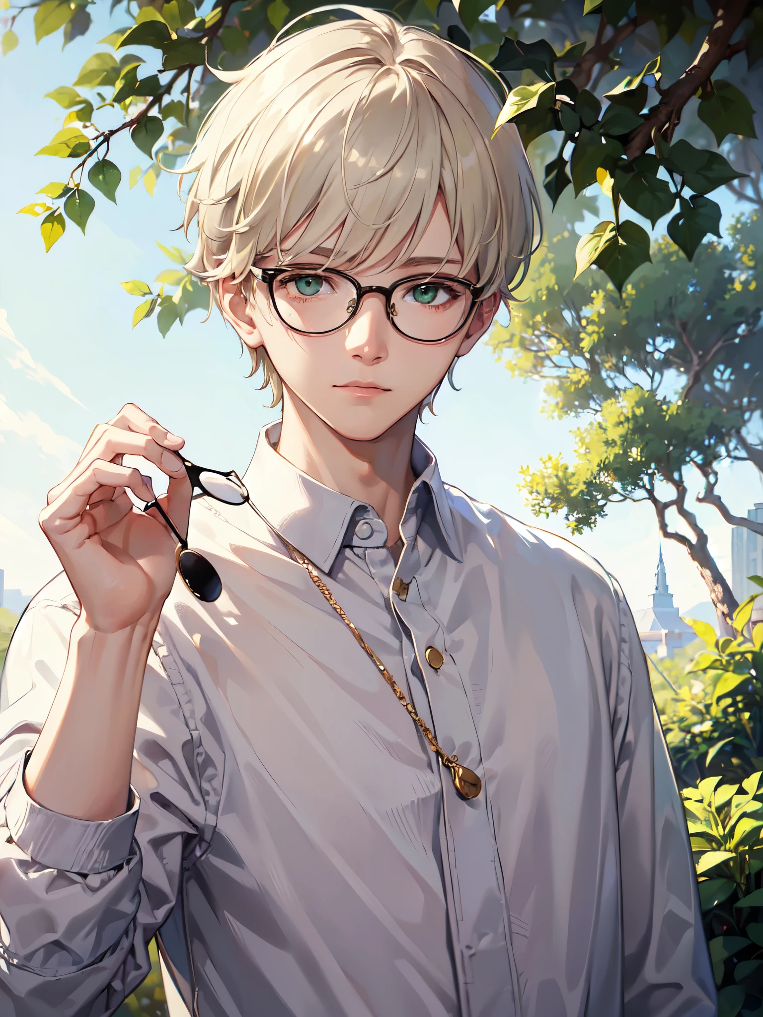 ((Masterpiece, Highest Quality)), Detailed Face, 1boy, young boy, white sweater, green eyes, (((Top Quality))), Short hair, white colored hair, Stylish glasses, soft smile ,very beautiful boy ,gentle young man