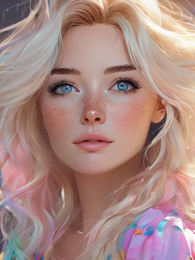 DE CORPO INTEIRO (PÉS, PERNAS, CORPO, QUADIL, MÃOS , BRAÇOS,FACE )((ultra detailed)),((Bright eyes)), (Detailed eyes) , 8k, blink blink, (The Little Faux Freckles Makeupgirl), ((realistic skin)), ((focus detailed 2 straps on the shoulders of dress)) , ((shiny facial skin)), with colorful hair and a colorful dress, rossdraws pastel vibrant, rossdraws cartoon vibrant, style anime 8k, beautiful portrait, artgerm colorful!!!, ! dream artgerm, beautiful anime girl, styled digital art, art wallpaper 8k, digital art, extremely detailed artgerm,