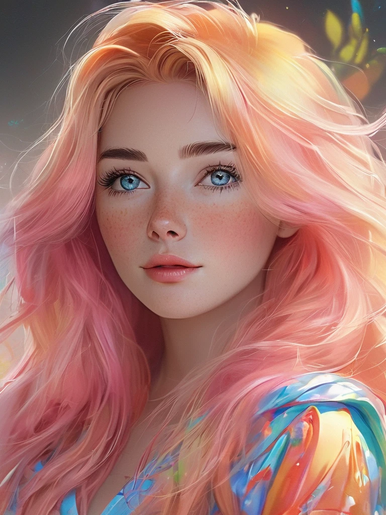 DE CORPO INTEIRO (PÉS, PERNAS, CORPO, QUADIL, MÃOS , BRAÇOS,FACE )((ultra detailed)),((Bright eyes)), (Detailed eyes) , 8k, blink blink, (The Little Faux Freckles Makeupgirl), ((realistic skin)), ((focus detailed 2 straps on the shoulders of dress)) , ((shiny facial skin)), with colorful hair and a colorful dress, rossdraws pastel vibrant, rossdraws cartoon vibrant, style anime 8k, beautiful portrait, artgerm colorful!!!, ! dream artgerm, beautiful anime girl, styled digital art, art wallpaper 8k, digital art, extremely detailed artgerm,