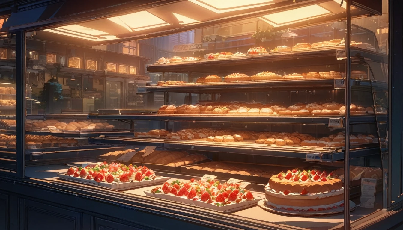 anime, aesthetic, bakery, strawberry cake, night, no people, empty shop, great lighting, bloom, super detailed, super fine, highres, colorful, masterpiece, HD, 4K, 8K, masterpiece, clean lineart, clean anime outlines, best quality, high quality, high details, super detail, best quality, ultra-detailed, dynamic lighting,