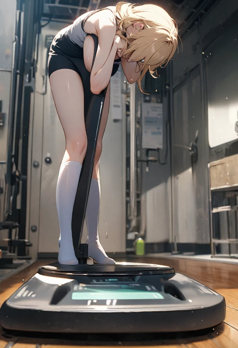 Standing on the scale and pumping one's fist、Girl with pink color hair、blue eyes