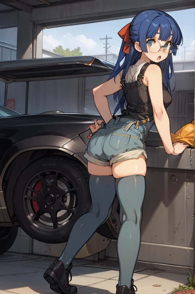 1girl, masterpiece, best quality, highly detailed, illustration, maria custard, indoors, garage, standing, overalls, from behind, looking back, ass, leaning forward, gears, mechanic, glasses, hair ribbon, :o, shorts,black thighhighs