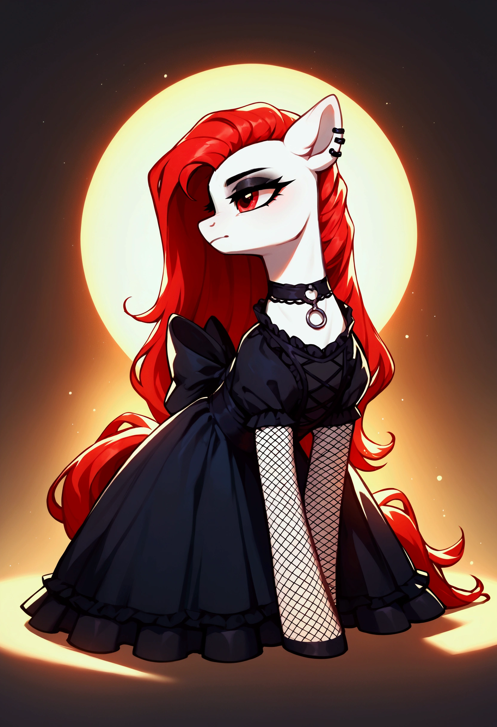 score_9,score_8_up,score_7_up,score_6_up, ((my little pony)), radiant lighting, vibrant colors, whimsical atmosphere, 8K, high resolution, highly detailed, masterpiece, white body, goth style, very long red hair, red eyes, fishnet stockings, dress