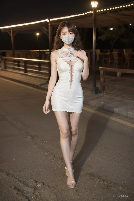 ((original photography:1.2))，RAW photos,Night view of Beijing，1 Girl, Perfect body，Full body portrait，Fashion的头发, Very curly hair, delicate eyes, Side Light, Sweating，With a mask, Medium breasts，Fashion的連衣裙，(intricate dress、Fashion、embroidery、stripe、pattern、Fashion、Hollow)，Long slender legs