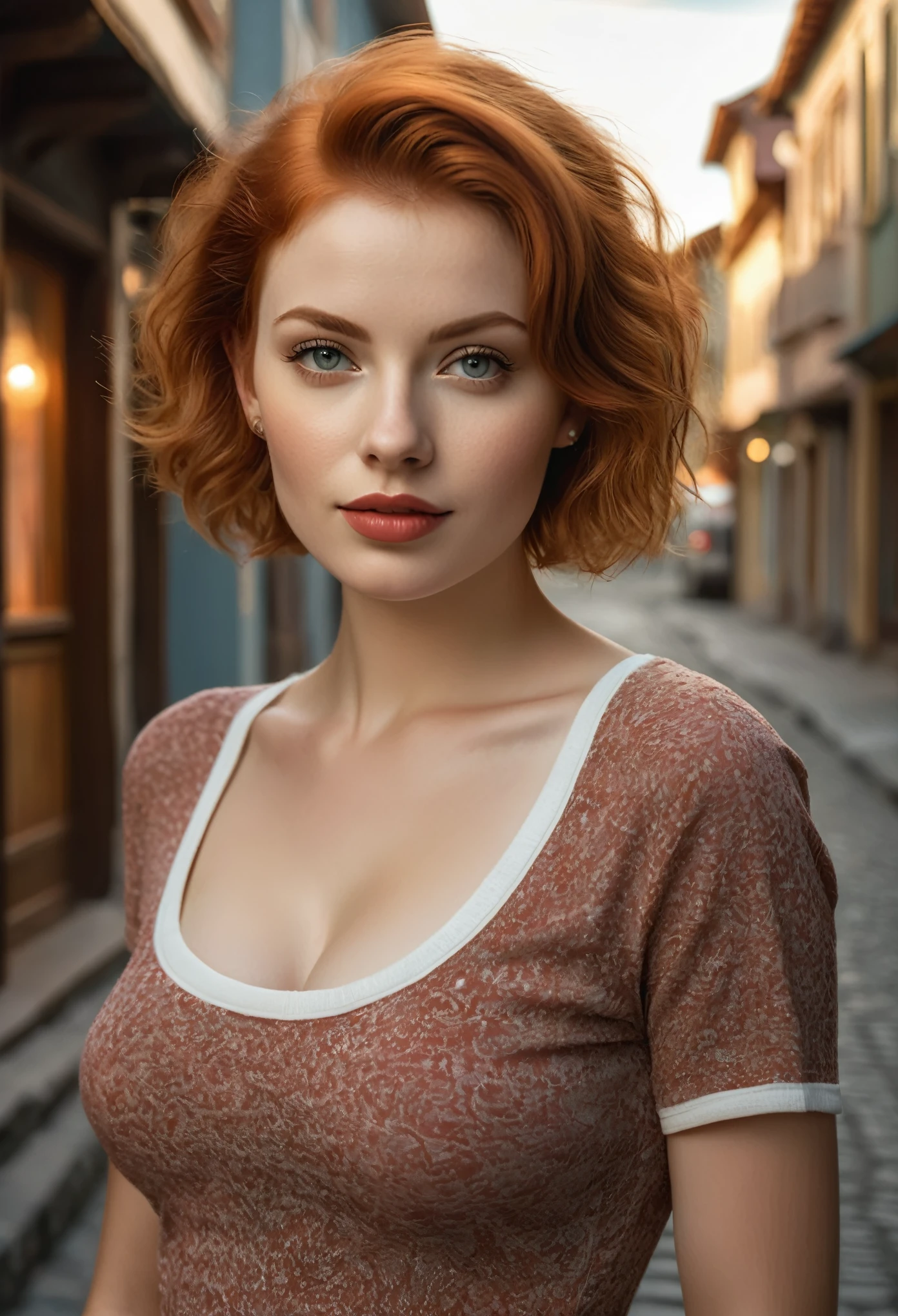 A young woman poses on a quiet street in a resort town. The girl has extremely detailed eyes, beautiful lips, long eyelashes and perfect anatomy. Her fragile body and hands are worked out to the smallest detail, with realistic, photorealistic and the highest quality rendering. The lighting is Rembrandt-esque, creating a dramatic, masterpiece scene. She has a European appearance, with a cute oval face, short red hair and huge breasts. The woman poses in a retro style, looking like a high quality work of photographer David Dubnitsky. Her pale skin shows pores and moles, and she is wearing a tight T-shirt and short shorts. She removes the short shorts and exposes her bare pussy. The scene was shot on a DSLR camera in 8K UHD resolution, with soft lighting and film grain.