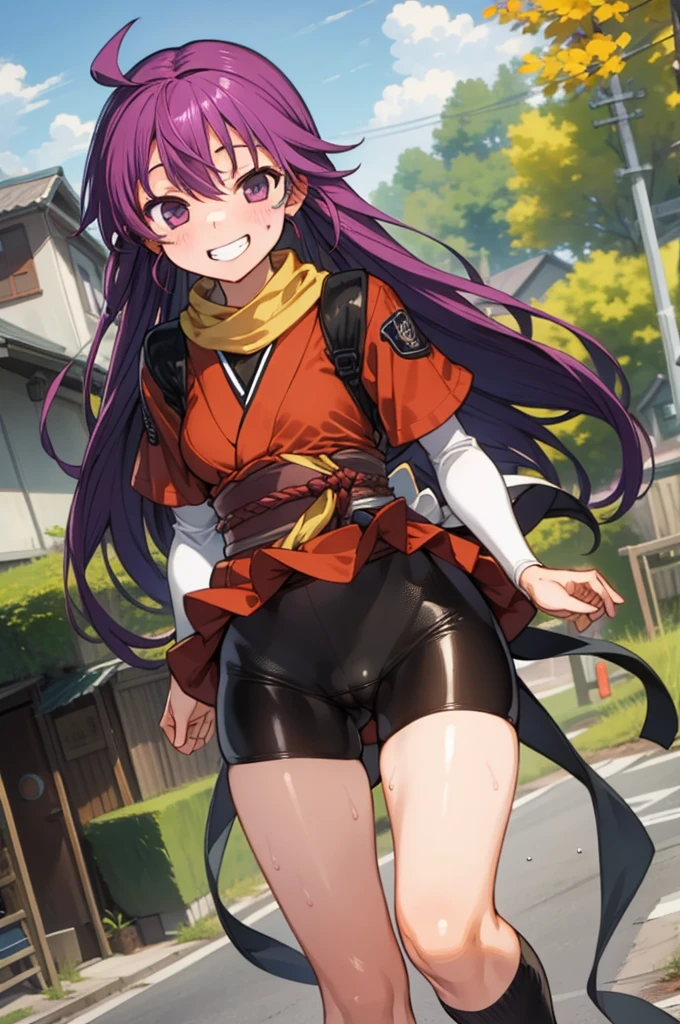 1girl, masterpiece, best quality, highly detailed, illustration, kentou kanami, outdoors, village, standing, low-tied long hair, bike shorts, scarf, japanese clothes, , ,cameltoe,(sweating,grin)
