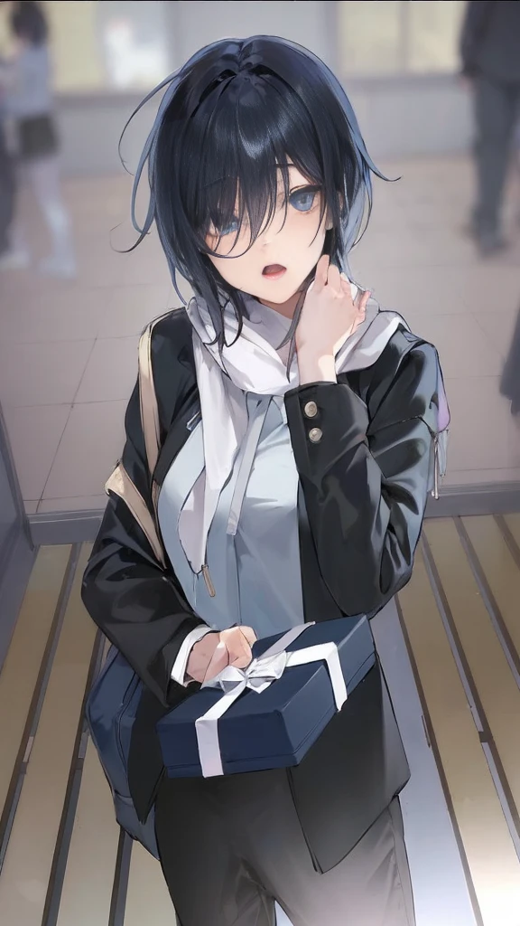 1girl, anime style, skinny body, Anime young girl wearing black hoodie, skinny jeans pants, black hair, grey blue eyes colour, pose picture of her, detailed, 8k, high quality, Ishimi Yokoyama.
