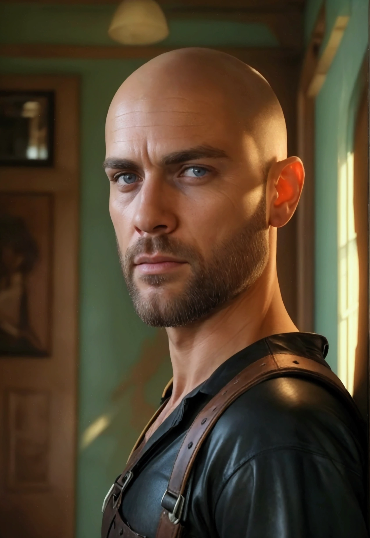 a handsome strong man, bald, short beard, brown leather suspenders, jeans, standing in hallway of old house, (best quality,4k,8k,highres,masterpiece:1.2),ultra-detailed,(realistic,photorealistic,photo-realistic:1.37),highly detailed face, extremely detailed eyes and face, longeyelashes, photo, hyper realistic, cinematic lighting, dramatic shadows, warm color tones