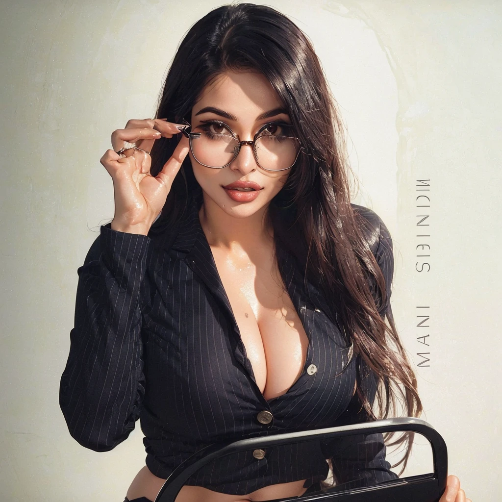 there is a woman wearing glasses and a suit posing for a picture, sexy girl, with glasses, mia khalifa, thick glasses, sexy look, sexy :8, seductive lady, glasses, seductive smirk, in suit with black glasses, nerdy, with glasses on, wavy long black hair and glasses, girl with glasses, big glasses, spectacled, cute woman , big , cleavage show, wet body